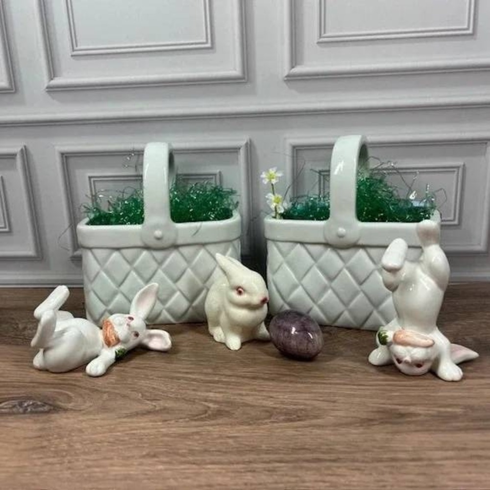 VTG 70's Fitz & Floyd Handpainted Japan Ceramic Easter Baskets & Bunny Figurines